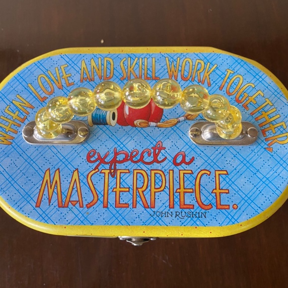 Mary Engelbreit Tin Sewing Box Beaded Handle Latch Box caddy crafts Love & Skill - Picture 2 of 9